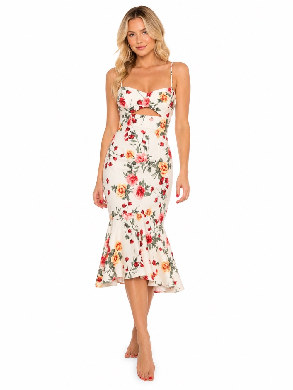 NSR White Floral Cutout Midi Dress Wedding Guest | Size Small